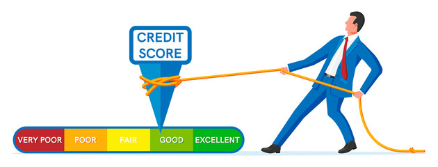 Businessman Changing Personal Credit Information. Man Pushing Arrow to Make Credit History Better. Man Improves his Creditworthiness, Credit Score, Approval Solvency. Flat Vector Illustration