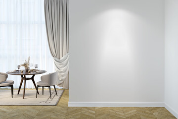 A light dining room interior with a blank illuminated white wall, set table with chairs near curtained windows, and beige carpet on the parquet floor. Front view. 3d render
