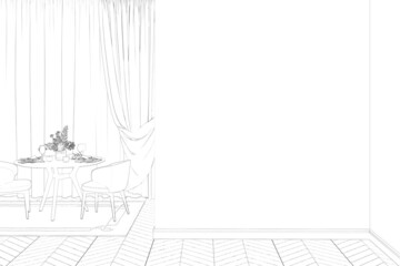 A sketch of the dining room interior with a blank wall, set table with chairs near curtained windows, and carpet on the parquet floor. Front view. 3d render