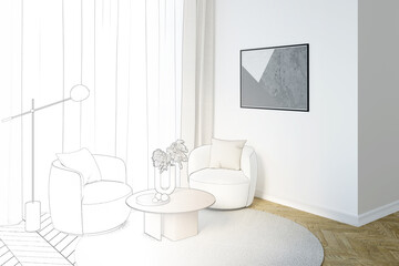 A sketch becomes a real room with a horizontal poster on a white wall near a curtained window, decor on a coffee table next to white modern armchairs, and a floor lamp. 3d render