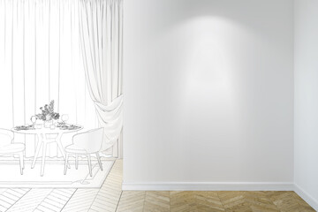 A sketch becomes a real light dining room interior with a blank illuminated white wall, set table with chairs near curtained windows, and beige carpet on the parquet floor. Front view. 3d render
