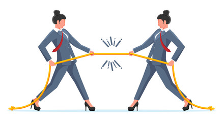 Fototapeta na wymiar Two Businesswomen Pull of Rope. Women Tug of War and Look at Each Other. Business Target, Rivalry, Competition, Conflict. Achievement, Goal Success. Flat Vector Illustration
