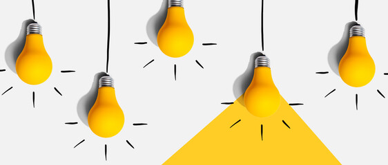Hanging idea light bulbs - Business concept - Flat lay