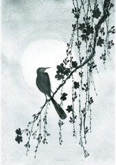 Watercolor illustration of Asian birds.Chinese traditional landscape painting of mountains. painting with misty forest trees on white background.