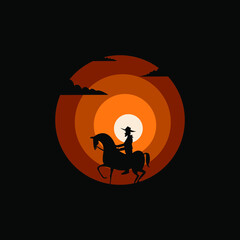 Silhouette illustration design of a cowboy riding a horse Isolated on colorful background. Suitable for landing pages, icons, stickers and posters.