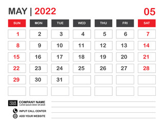 Calendar 2022 template, May 2022 layout, Desk calendar 2022 year, Wall calendar design, Week starts on sunday, Planner, Printing media, poster, organizer, advertisement, Red background, vector
