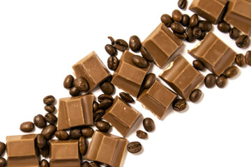 Chocolate pieces and coffee beans graphic element on white background. 