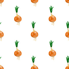 Little ripe onions with sprouted herbs, dry root. Seamless pattern,