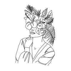 Line Art Woman With Flowers. Head Of Flowers Line drawing. Flower Woman Vector. Minimal Abstract portrait female.