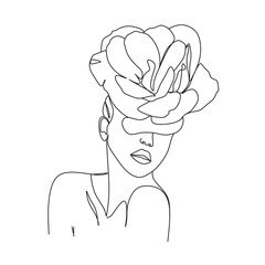 Line Art Woman With Flowers. Head Of Flowers Line drawing. Flower Woman Vector. Minimal Abstract portrait female.