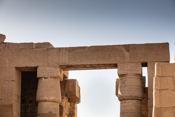 Different columns with hieroglyphs in Karnak temple. Karnak temple is the largest complex in...