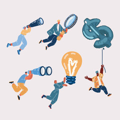 Vector illustration of fly floating people in search of money and idea startup. Search for new business opportunity, idea or inspiration, business visionary, challenge or achievement concept.