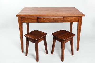 handmade wooden table on a white background with all the details