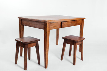 handmade wooden table on a white background with all the details