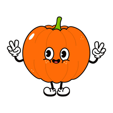Cute funny pumpkin waving hand character. Vector hand drawn traditional cartoon vintage, retro, kawaii character illustration icon. Isolated on white background. Pumpkin character concept