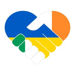 Handshake symbol in the colors of the national flags of Ireland and Ukraine, forming a heart. The concept of peace, friendship.