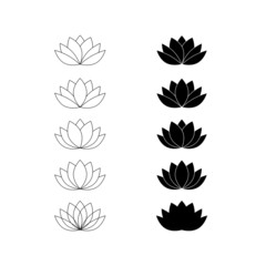 Lotus flower isolated on white, illustration. Flower set icon, water lily outline and silhouette salon and beauty products logotype.