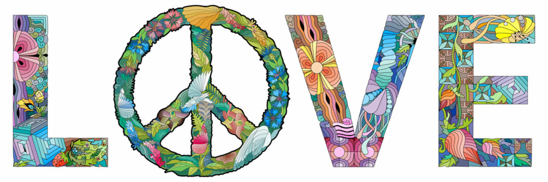 Word LOVE with the symbol of peace. Vector decorative zentangle object