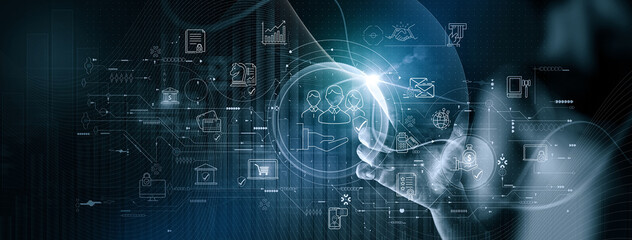 Businesswoman hand working modern computer dashboard vitual innovation insurance online for car, travel, family and life, financial and health insurance. Insurance concept.