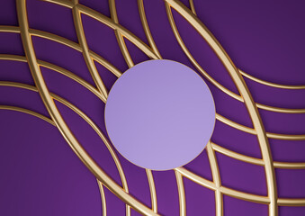 Dark purple, violet 3D rendering product display flat lay podium cylinder stand luxurious abstract composition with golden lines ornaments for cosmetic products minimal top view background from above