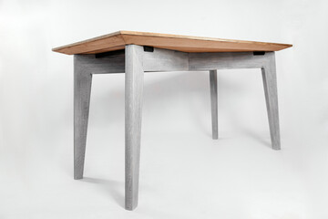 handmade wooden table on a white background with all the details