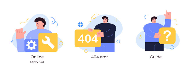 Online support scene set, online service, 404 eror, guide. Simple vector illustration concept