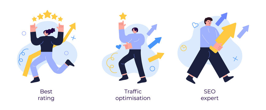 SEO Optimisation Scene With Trendy Character. Best Rating, Traffic Optimisation, SEO Expert. Vector Illustration Scene.