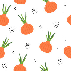 Vegetables seamless pattern. Fresh and organic onions background. Farm products on white. Vector illustration for wallpaper, textile, deisgn
