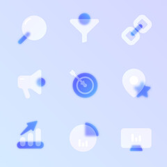 seo glass morphism trendy style icon set. seo transparent glass color vector icons with blur and purple gradient. for web and ui design, mobile apps and promo business polygraphy