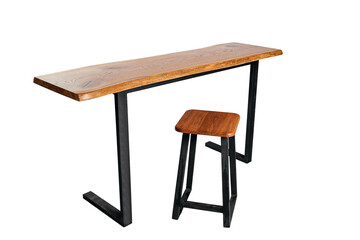 Handmade wooden table on metal racks on a white background