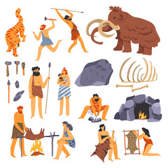 Primitive culture, neanderthal people and mammoth - obrazy, fototapety, plakaty