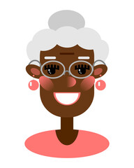 Portrait of a cute cartoon elderly dark-skinned woman with glasses and a smile. Funny character in a flat style. Avatar, icon, element.