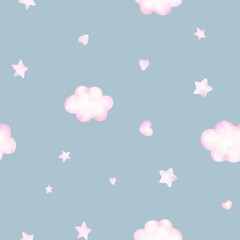 Watercolor baby seamless pattern with pink clouds and stars