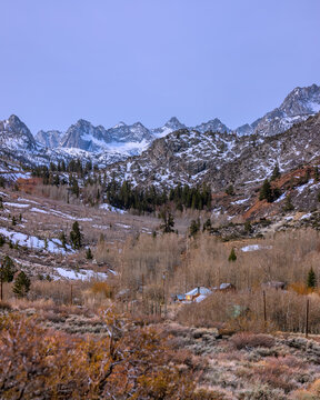 Scenic landscape of snow capped Eastern Sierra mountains in springtime near Aspendell, Two image photostack.