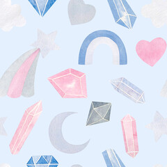 Hand-drawn watercolor seamless pattern with crystals