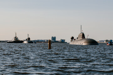 View from the water of nuclear submarines in the waters of the Gulf of Finland.Preparation for the...