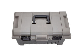 Portable plastic container with opening lid and additional compartments. Fishing or hunting box. Isolate on a white back.