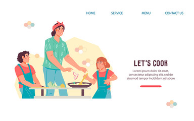 Website with happy family of mother and children cooking together.