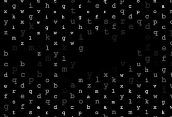 Dark silver, gray vector background with signs of alphabet.