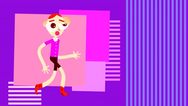 A painted boy with big eyes walks on a purple background of rotating squares. Abstract animated background with a long-legged hand-drawn character.