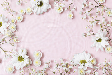 Top view of pink transparent clear calm water surface. Texture with splashes and bubbles and podium...