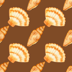 Seamless watercolor pattern, summer style. Pattern with seashells on brown background.
