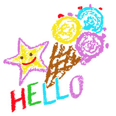 Summer funny hand drawn vector symbols. Ice cream and smiling star. Like kids style colorful crayon, pastel, chalk or pencil stroke. Doodle cartoon concept art. Hello outdoor happy time