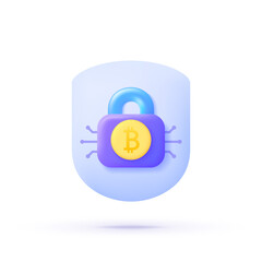 Bitcoin 3d. Financial technology concept. Online payment, security. Bitcoin digital wallet. Security protection concept. Blockchain digital technology. 3d Vector Illustration.