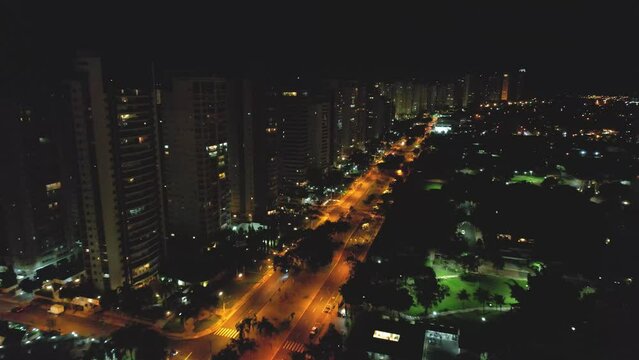 Ribeir&atilde;o Preto  S&atilde;o Paulo  Brazil - April 23, 2022 : Night images of the city of Ribeir&atilde;o Preto. Avenida Jo&atilde;o Fiusa drone walking from start to finish
