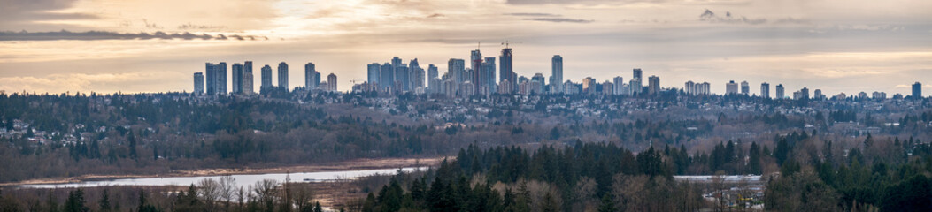 Fototapeta premium Autum urban cityscape on cloudy sky background