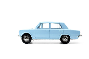 Fototapeta na wymiar Collection model of a blue car made in Russia isolated on white.