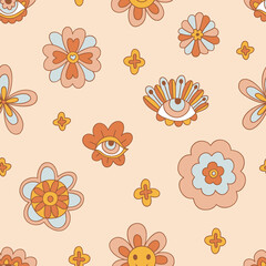 Retro 70s 60s Evil Eye Floral Hippie Summer Groovy Flower Power vector seamless pattern. Boho Flower child vibes background. Bohemian retro colours flora pink backdrop surface design.