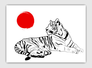 Lying Chinese tiger and red sun. Horizontal card with an outline drawing. Vector illustration. For use in the design of cards, invitations, covers and brochures, prints and prints on fabric, posters