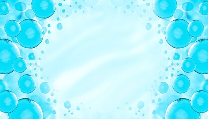 Rectangle banner with cosmetology for face or skin treatment ads template,blue shining bubbles 3d illustration.Transparent substance oil on serum bubble.Shining substance light blue essence droplet